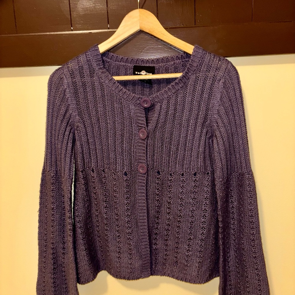 Purple Bell Sleeve Knit Cardigan – Chunky Button Sweater Size M
